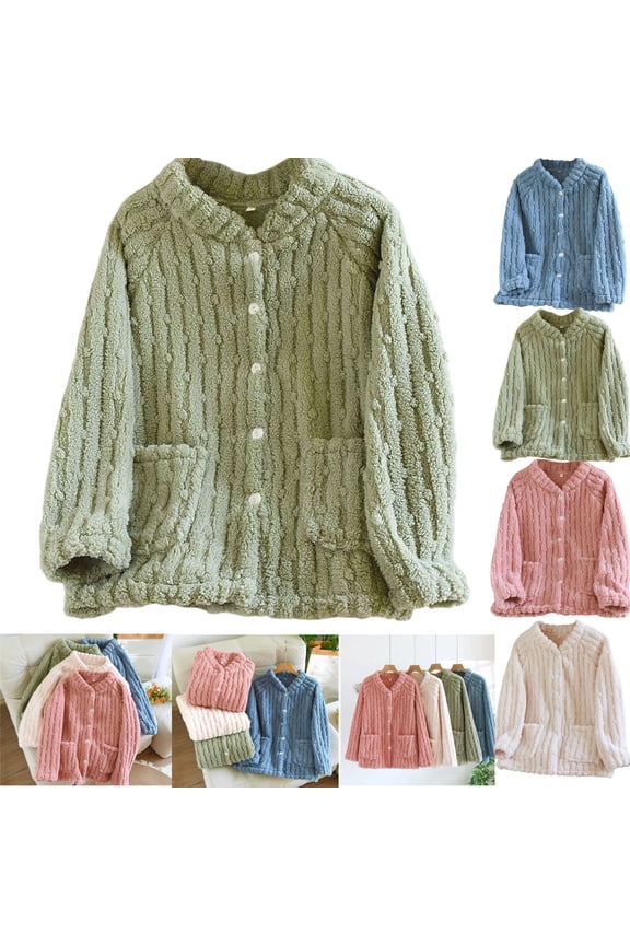 Thick Fleece Jacket Women Lounge Button Down Raglan Long Sleeve Pajama Tops with Pockets Casual Loose Crew Neck Solid Outerwear Winter Warm Clothing