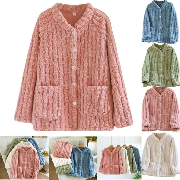 Gamivast Thick Fleece Jacket Women Lounge Button Down Raglan Long Sleeve Pajama Tops with Pockets Casual Loose Crew Neck Solid Outerwear Winter Warm Clothing