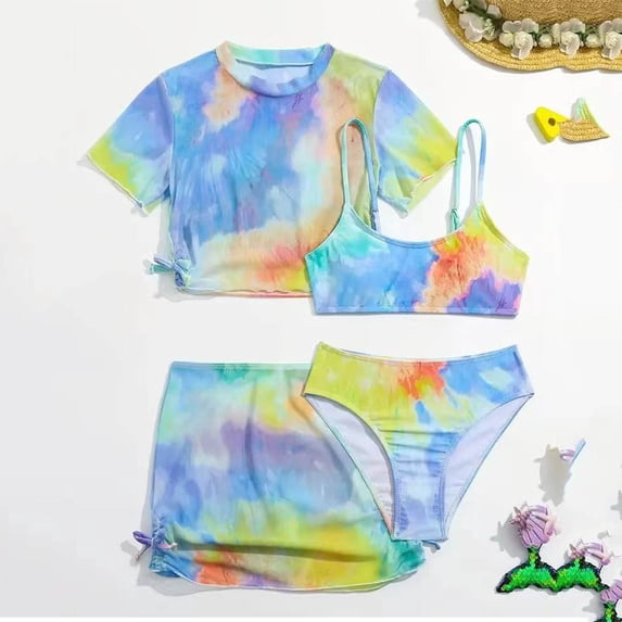 Gamivast Three Piece Rash Guard Set for Tween Girls Tie Dye Short Sleeve Top Bikini Skirt Bottom Summer Surfing Suit Beach Holiday Wear Bathing Suit