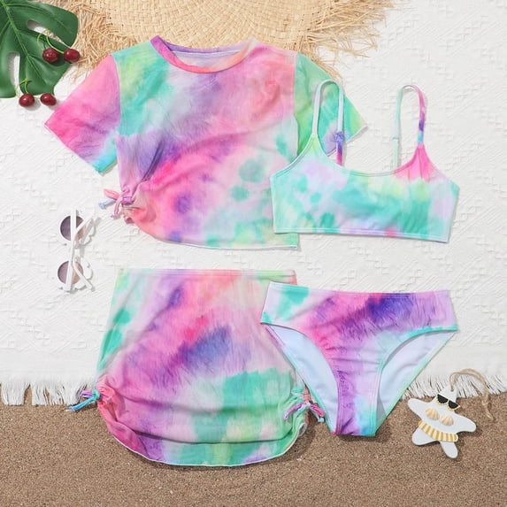 Gamivast Three Piece Rash Guard Set for Tween Girls Tie Dye Short Sleeve Top Bikini Skirt Bottom Summer Surfing Suit Beach Holiday Wear Bathing Suit
