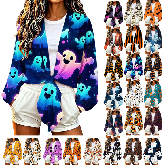 Gamivast Tie Front Cardigan for Women Halloween Long Lantern Sleeve Cropped Bolero Shrugs Print Lightweight Dress Cover Up Tops for Fall Party Casual Outerwear