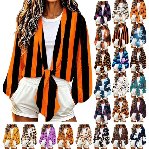 Gamivast Tie Front Cardigan for Women Long Lantern Sleeve Cropped Bolero Shrugs Print Lightweight Dress Cover Up Tops for Fall Halloween Party Casual Outerwear