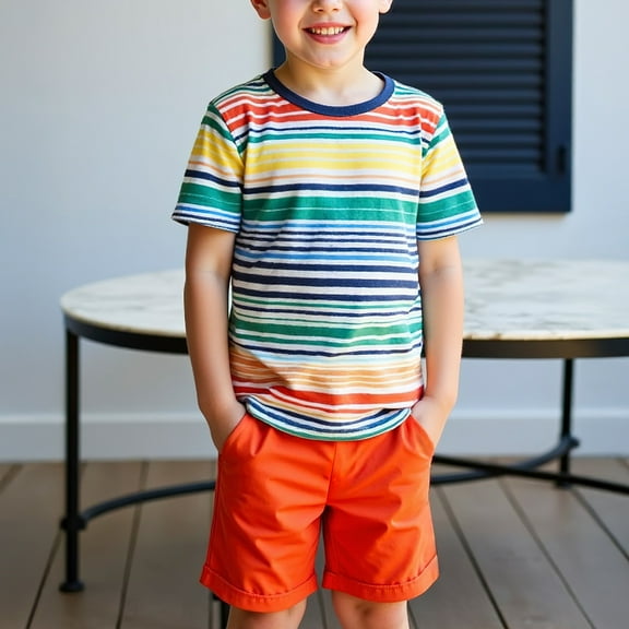 Gamivast Toddler Boys 2 Pieces Summer Outfits Short Sleeve Tees and Athletic Shorts Lightweight Fashion Striped Print Summer Clothes 2Pcs Orange 5T Camiseta De Para Niños