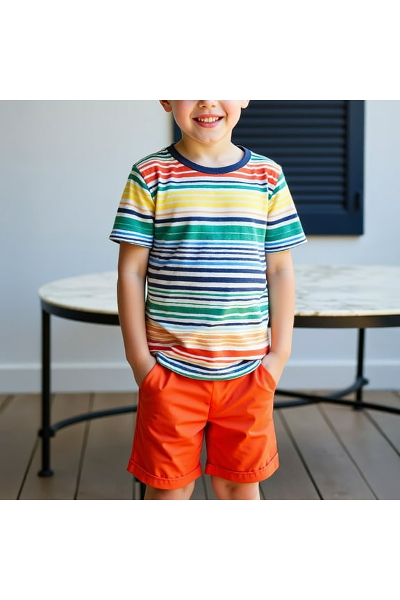 Toddler Boys 2 Pieces Summer Outfits Short Sleeve Tees and Athletic Shorts Lightweight Fashion Striped Print Summer Clothes 2Pcs Orange 5T Camiseta De Para Niños