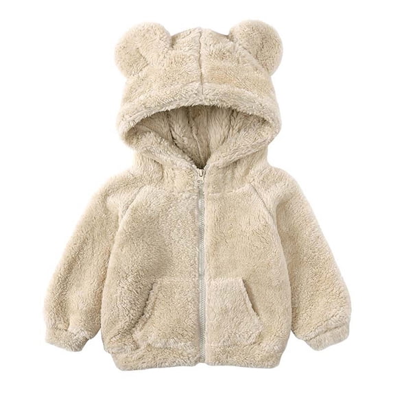 Gamivast Toddler Kids Fuzzy Fleece Jacket with 3D Bear Ears Hood Full Zip Sherpa Coat Warm Plush Outerwear with Pockets for Baby Boys Girls School Travel Outdoor Play Winter Layering 2-3 Years