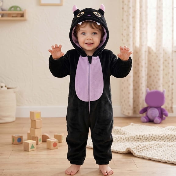 Gamivast Toddler Monster Costume Onesies Plush Hooded One Piece Jumpsuit Zip Front Long Sleeve Baby Halloween Outfit for Dress Up Party
