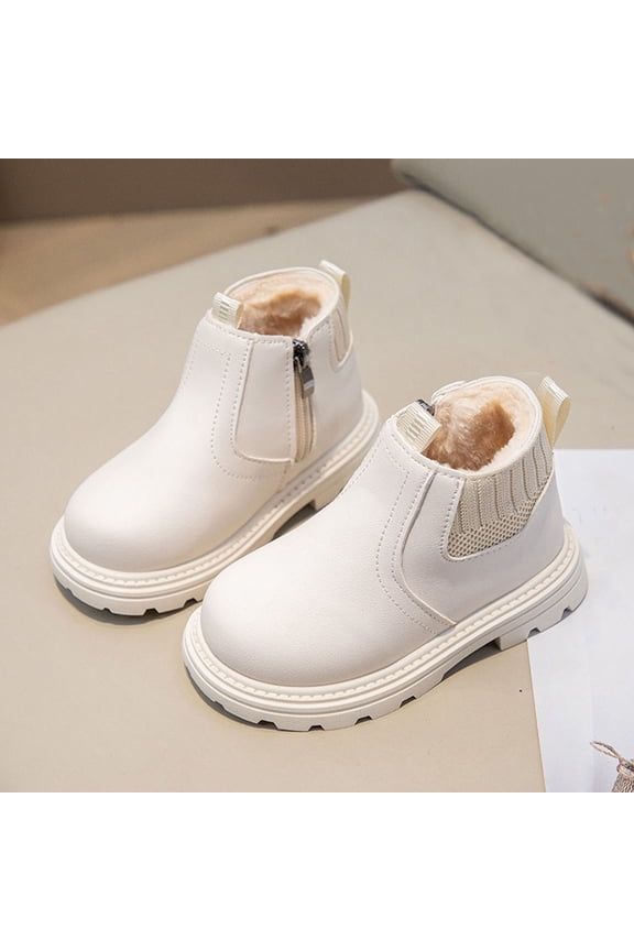 Toddler Winter Plush Lined Ankle Boots Kids Warm Leather Chelsea Boots With Side Zipper Non-Slip Soft Sole Walking Shoes for Boys Girls White 1-1.5Years