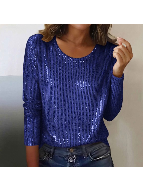 Tops for Women Sequin Crew Neck Long Sleeve Regular Fit Sparkly Party Tops Dressy Going out Shirts Holiday Night out Wear