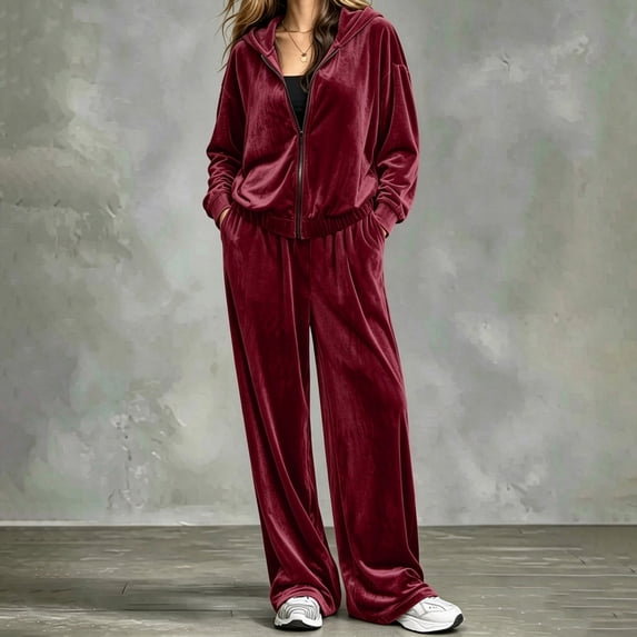 Gamivast Tracksuit 2 Piece Set for Women Velvet Full Zip Hooded Jacket and Wide Leg Pants with Pockets Fall Relaxed Fit Lounge Outfit Red XXXXL