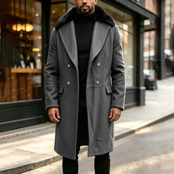 Gamivast Trench Coat Men Big and Tall Double Breasted Long Overcoat with Fleece Collar Winter Warm Pea Coat Heavyweight Outerwear Windproof Jacket