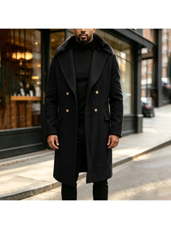 Trench Coat Men Big and Tall Double Breasted Long Overcoat with Fleece Collar Winter Warm Pea Coat Heavyweight Outerwear Windproof Jacket