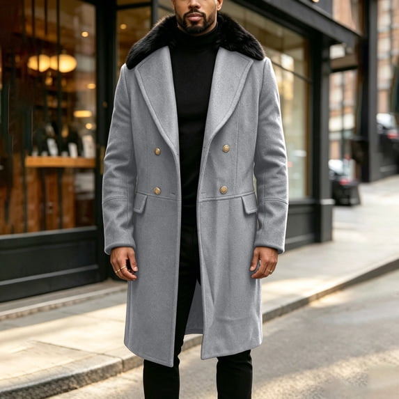 Gamivast Trench Coat Men Big and Tall Double Breasted Long Overcoat with Fleece Collar Winter Warm Pea Coat Heavyweight Outerwear Windproof Jacket