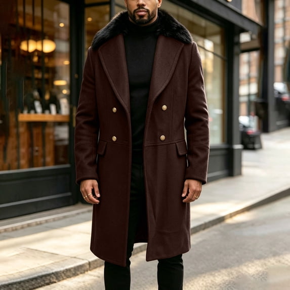 Gamivast Trench Coat Men Big and Tall Double Breasted Long Overcoat with Fleece Collar Winter Warm Pea Coat Heavyweight Outerwear Windproof Jacket