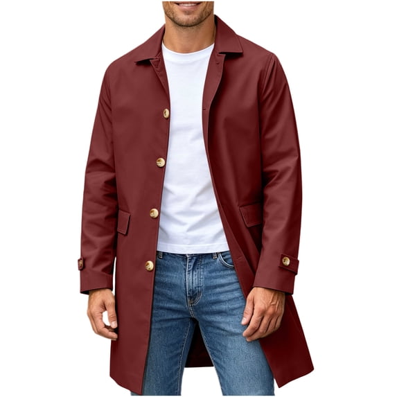 Gamivast Trench Coat for Men Lightweight Long Jacket Single Breasted Button Down Overcoat With Pockets Classic Business Windbreaker Outerwear for Fall Spring Wine L