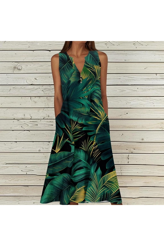 Tropical Dresses for Women A Line V-Neck Long Dress Sleeveless Maxi Dress Green Palm Leaf Print With Pockets for Summer Beach Party
