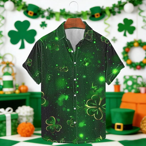 Gamivast Tropical Shirts for Men Glowing Shamrock Graphic Print Hawaiian Shirts Button Down Short Sleeve Beach Shirts Lightweight Soft Holiday Festival