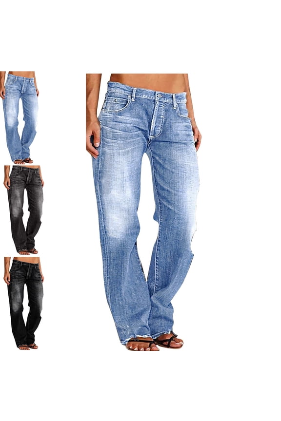 Trouser Jeans For Women Mid Rise Button Fly Washed Vintage Denim Pants Straight Leg Boyfriend Jeans Stretchy Breathable Soft Casual Daily Wear