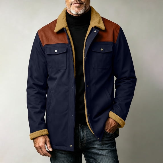 Gamivast Trucker Jackets for Men Fleece Lined Color Block Corduroy Jacket Button Down Casual Fall Winter Warm Outerwear with Pockets Navy XL