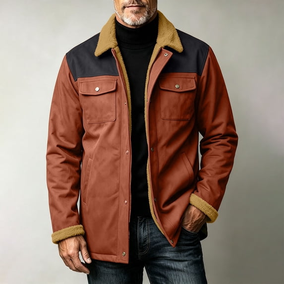 Gamivast Trucker Jackets for Men Fleece Lined Color Block Corduroy Jacket Button Down Casual Fall Winter Warm Outerwear with Pockets Wine M