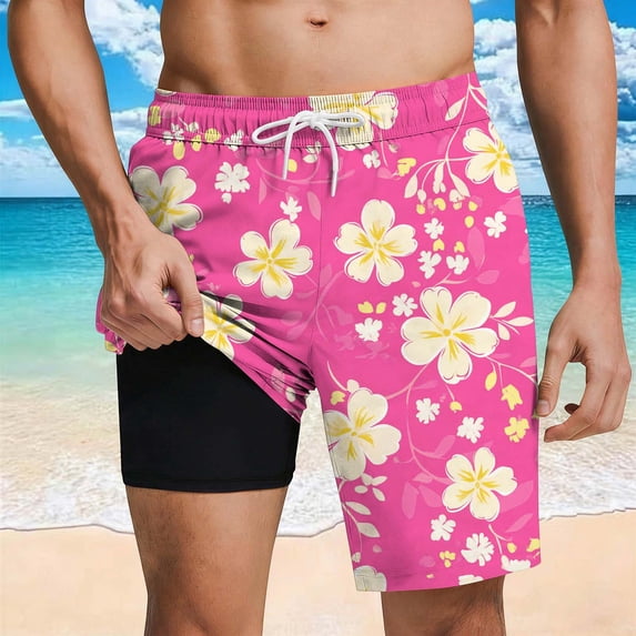 Trunks for Men Swim with Compression Liner Elastic Waist Palm Tree Print Board Shorts Quick Dry Swim Trunks 5 Inch Summer Beach Swimming Wear