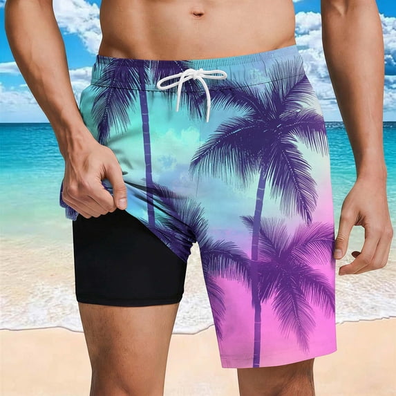 Trunks for Men Swim with Compression Liner Elastic Waist Palm Tree Print Board Shorts Quick Dry Swim Trunks 5 Inch Summer Beach Swimming Wear