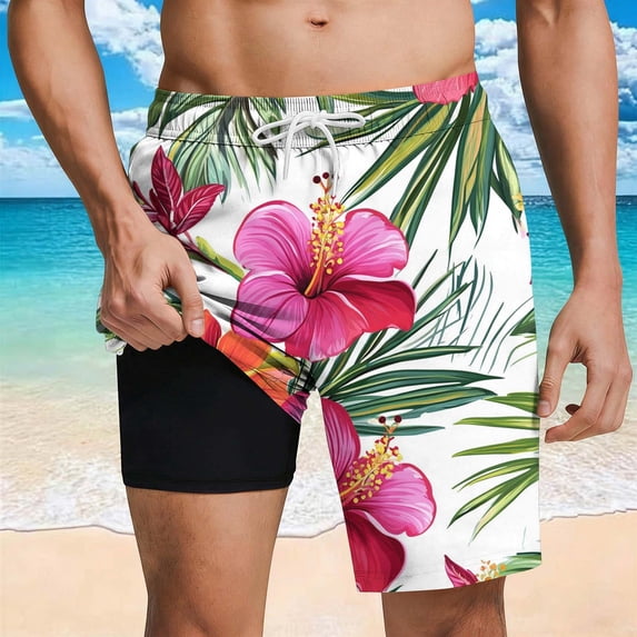 Trunks for Men Swim with Compression Liner Elastic Waist Palm Tree Print Board Shorts Quick Dry Swim Trunks 5 Inch Summer Beach Swimming Wear