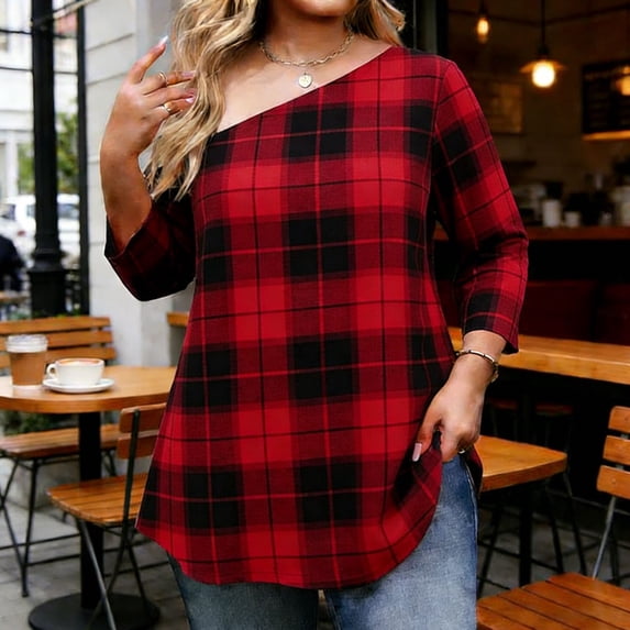 Gamivast Tunic Tops For Women Plaid Print Skew Neck Dressy Tops 3/4 Sleeve Asymmetrical Tops Comfy Loose Fit Casual Office Work Wear