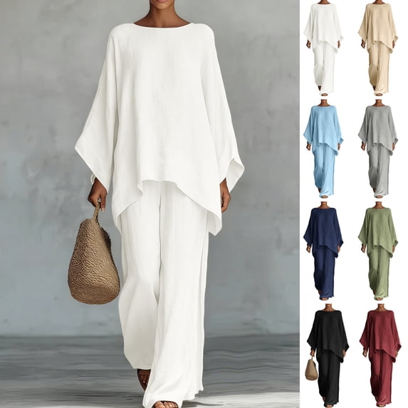 Gamivast Two Piece Outfits Womens Linen Boat Neck Batwing Oversized Linen Tops and High Waisted Wide Leg Flowy Linen Pants Breathable Skin Friendly Summer Beach Tropical Holiday Summer Suit