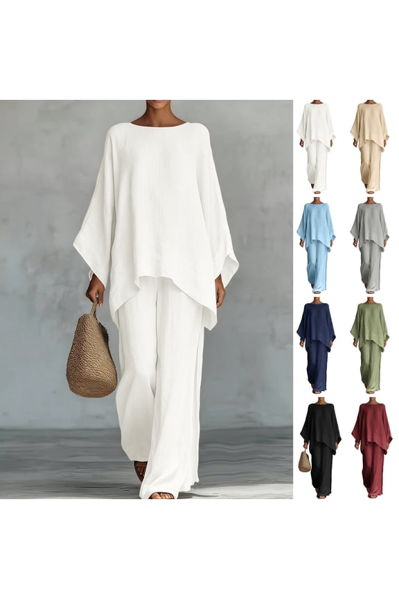 Two Piece Outfits Womens Linen Boat Neck Batwing Oversized Linen Tops and High Waisted Wide Leg Flowy Linen Pants Breathable Skin Friendly Summer Beach Tropical Holiday Summer Suit