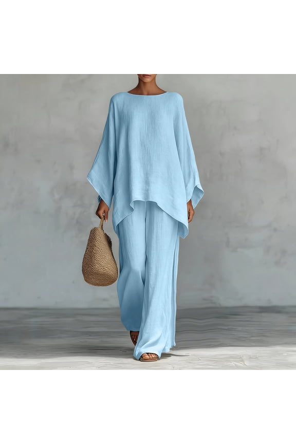 Two Piece Outfits Womens Linen Boat Neck Batwing Oversized Linen Tops and High Waisted Wide Leg Flowy Linen Pants Breathable Skin Friendly Summer Beach Tropical Holiday Summer Suit
