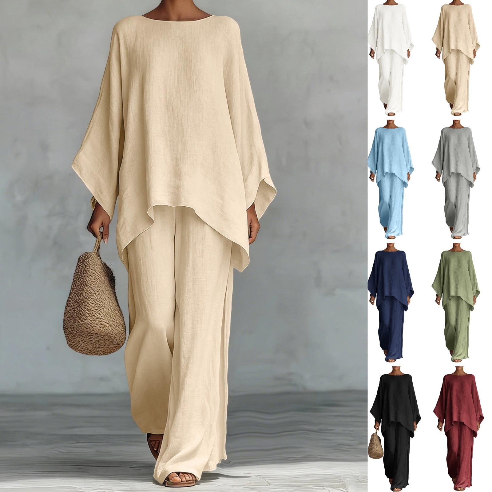 Gamivast Two Piece Outfits Womens Linen Boat Neck Batwing