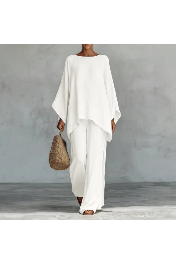 Two Piece Outfits Womens Linen Boat Neck Batwing Oversized Linen Tops and High Waisted Wide Leg Flowy Linen Pants Breathable Skin Friendly Summer Beach Tropical Holiday Summer Suit