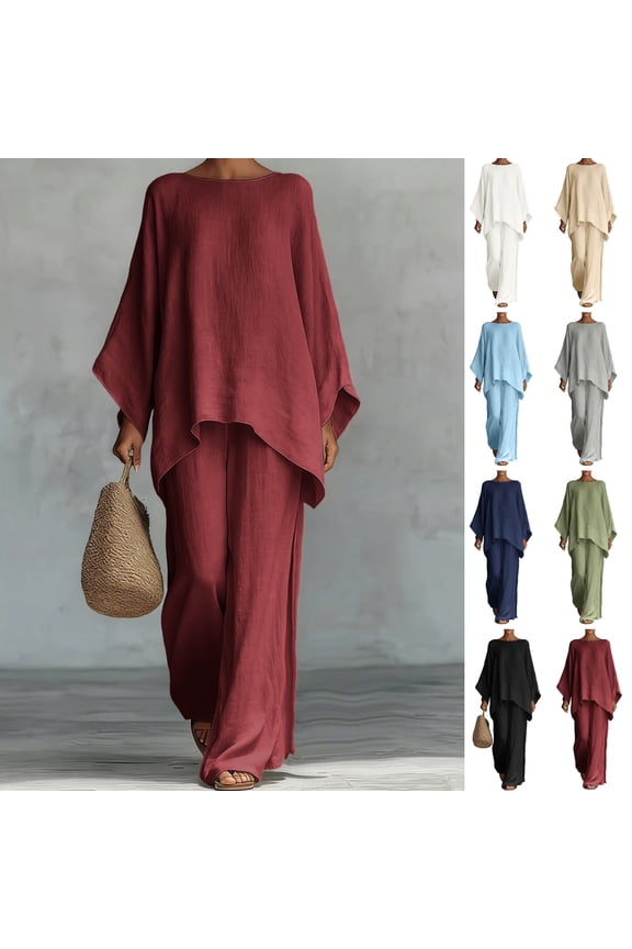 Two Piece Outfits Womens Linen Boat Neck Batwing Oversized Linen Tops and High Waisted Wide Leg Flowy Linen Pants Breathable Skin Friendly Summer Beach Tropical Holiday Summer Suit