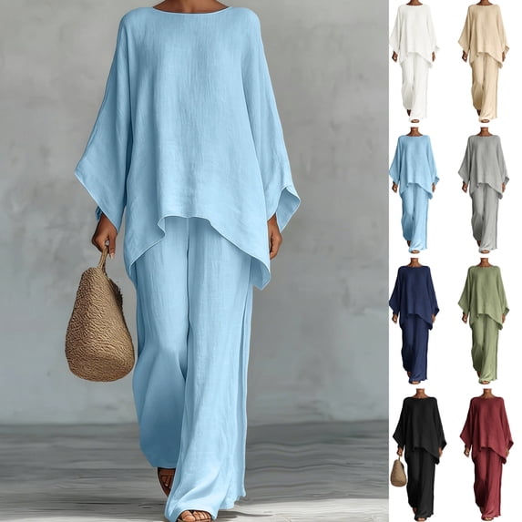 Gamivast Two Piece Outfits Womens Linen Boat Neck Batwing Oversized Linen Tops and High Waisted Wide Leg Flowy Linen Pants Breathable Skin Friendly Summer Beach Tropical Holiday Summer Suit
