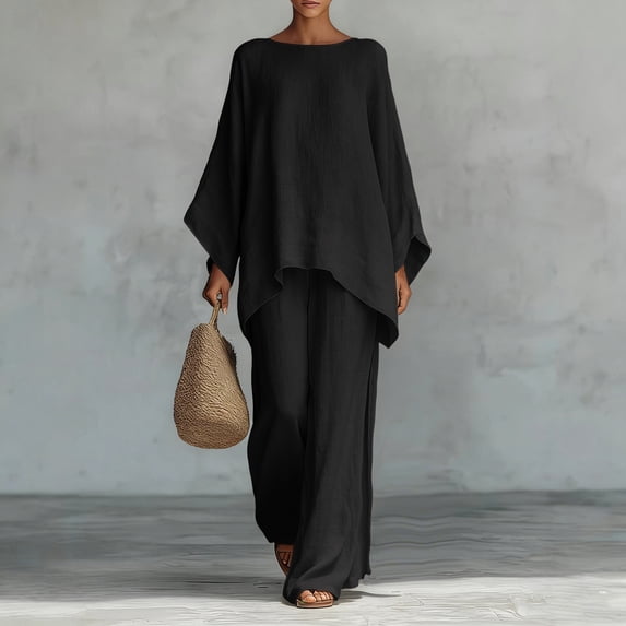 Gamivast Two Piece Outfits Womens Linen Boat Neck Batwing Oversized Linen Tops and High Waisted Wide Leg Flowy Linen Pants Breathable Skin Friendly Summer Beach Tropical Holiday Summer Suit