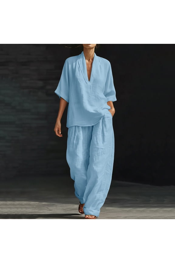 Two Piece Outfits Womens Linen Deep V-Neck Oversized 3/4 Sleeve Linen Tops and High Waisted Baggy Harem Linen Pants Lightweight Breathable with Pockets Summer Casual Beach Wear Lounge Outfit