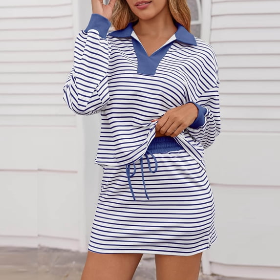 Gamivast Two Piece Outfits for Women Long Sleeve V Neck Collared Top And High Waisted Drawstring Mini Skirt Set Striped Trendy Casual Spring Outfits