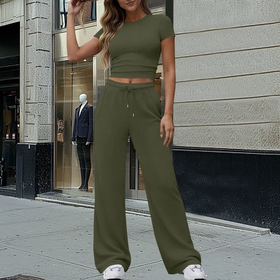 Gamivast Two Piece Sets for Women Crew Neck Short Sleeve Crop Tee & Sweatpants Solid Soft Comfy Joggers Lounge Wear Sporty Gym Running Matching Outfits