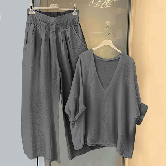 Gamivast Two Piece Sets for Women Solid Color V-Neck Tops Wide Leg Elastic Waist Pants and Linen Set Gray XXL Juniors Clearance My Orders Placed Recently by Me,the Past Month