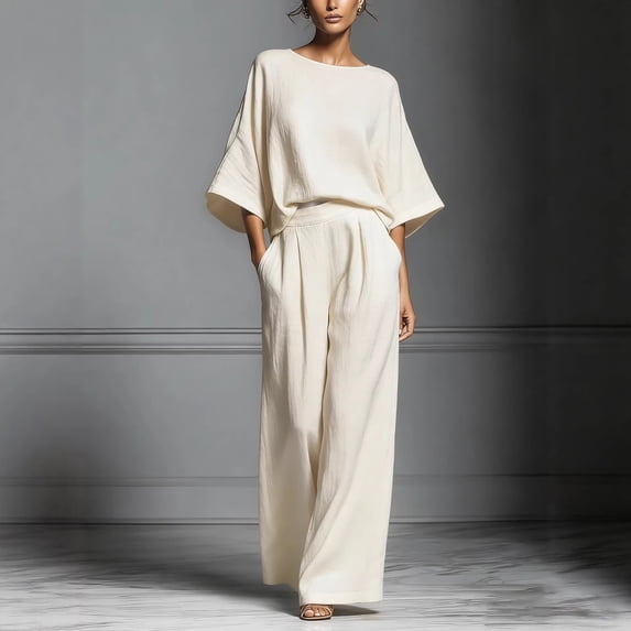 Gamivast Two Piece Sets for Women 3/4 Sleeve Boat Neck Top & Wide Leg Pants Outfits Crinkled Texture Summer Vacation Flowy Casual Modest Loose