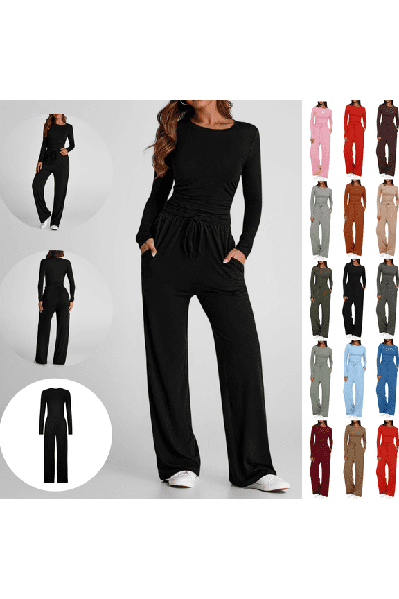 Two Piece Sets for Women Crew Neck Crop Top & Wide Leg Pants Lounge Sets Long Sleeve Flowy Yoga Dance Casual Matching Outfits