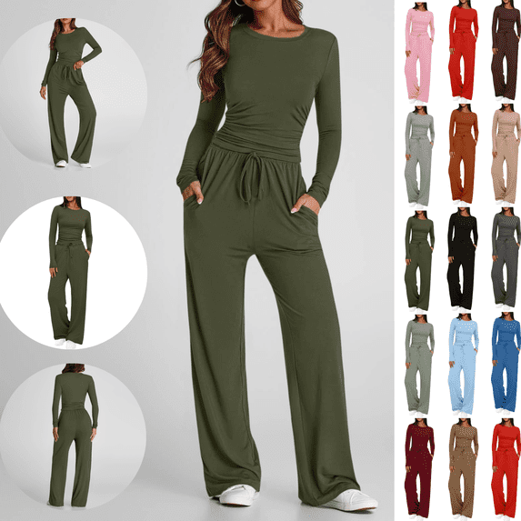Gamivast Two Piece Sets for Women Crew Neck Crop Top & Wide Leg Pants Lounge Sets Long Sleeve Flowy Yoga Dance Casual Matching Outfits