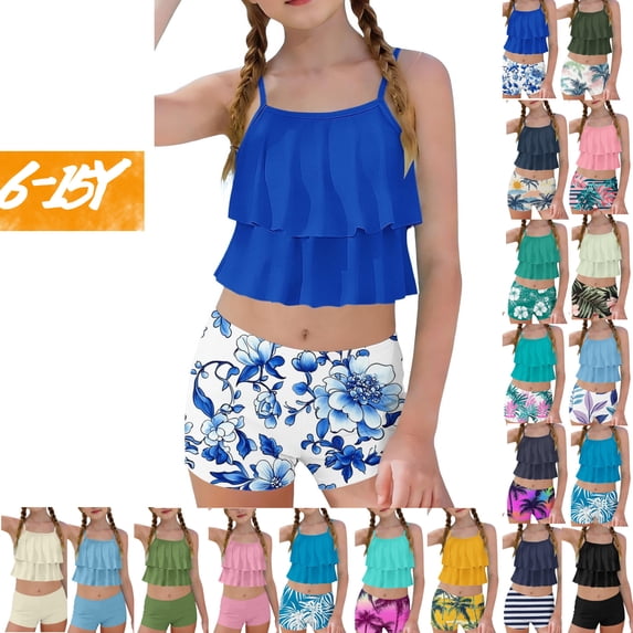 Gamivast Two Piece Tankini for Toddler Girls Tiered Ruffle Flounce Top with Boy Shorts Modest Swimsuit Summer Pool Party Wear Cute Holiday Bathing Suit