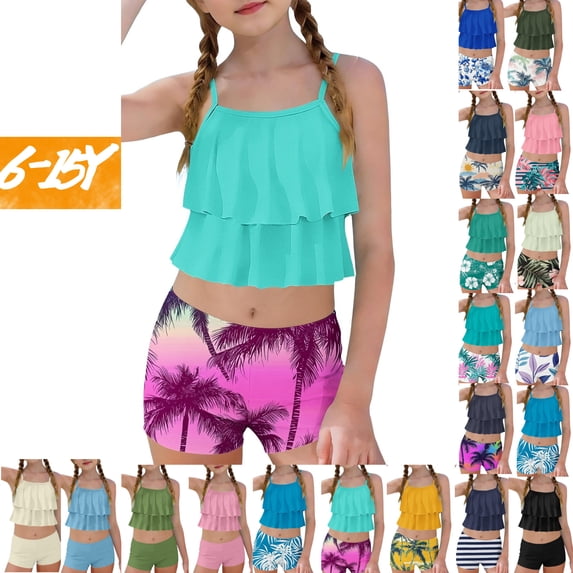 Gamivast Two Piece Tankini for Toddler Girls Tiered Ruffle Flounce Top with Boy Shorts Modest Swimsuit Summer Pool Party Wear Cute Holiday Bathing Suit