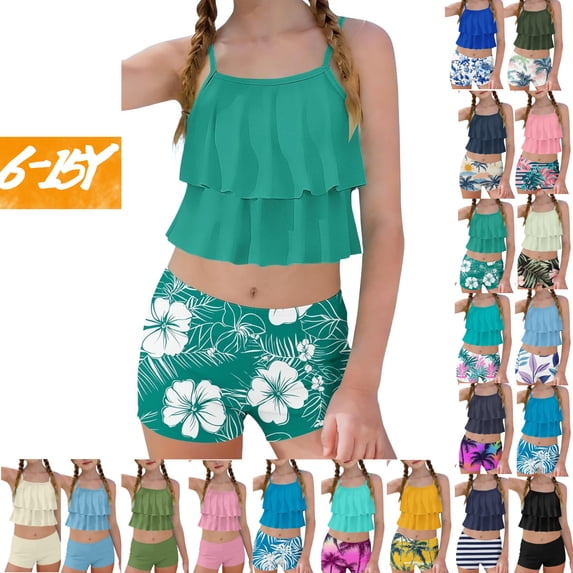 Gamivast Two Piece Tankini for Toddler Girls Tiered Ruffle Flounce Top with Boy Shorts Modest Swimsuit Summer Pool Party Wear Cute Holiday Bathing Suit