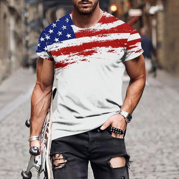 Gamivast USA 4Th of July for Men T Shirt Classic Distressed Flag Shoulder Graphic Short Sleeve Crewneck Relaxed Fit Patriotic Party Summer Casual Everyday Tops Tees