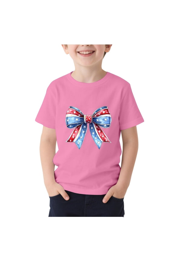 USA American Fla T Shirt for Kids G Short Sleeve Crewneck 4Th of July Patriotic Tees Stars And Stripes Ribbon Bow Graphic Soft Summer Tops