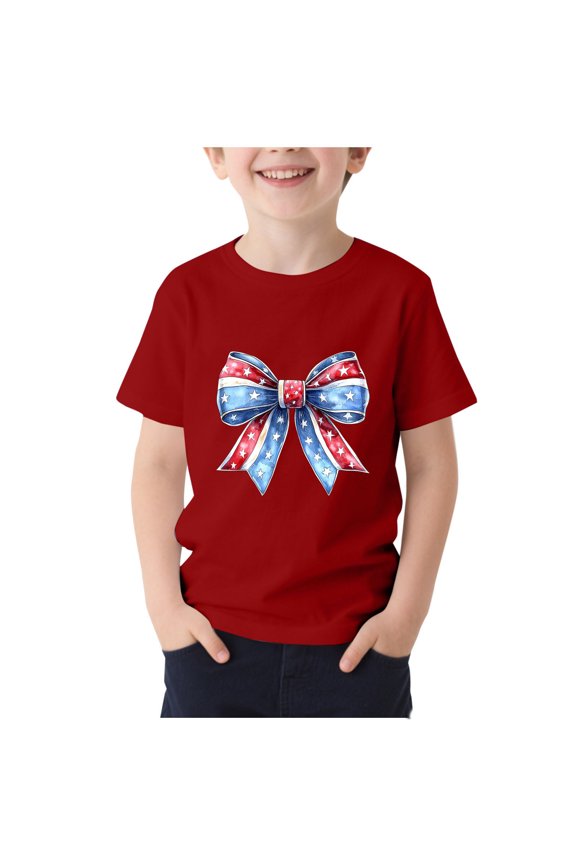 USA American Fla T Shirt for Kids G Short Sleeve Crewneck 4Th of July Patriotic Tees Stars And Stripes Ribbon Bow Graphic Soft Summer Tops