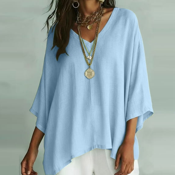 Gamivast V Neck Blouses for Women 3/4 Batwing Sleeve Flowy Shirts Casual Oversized Loose Fit Tunic Tops Lightweight Comfy Basic Tees for Summer Fall Vacation Light Blue XXL