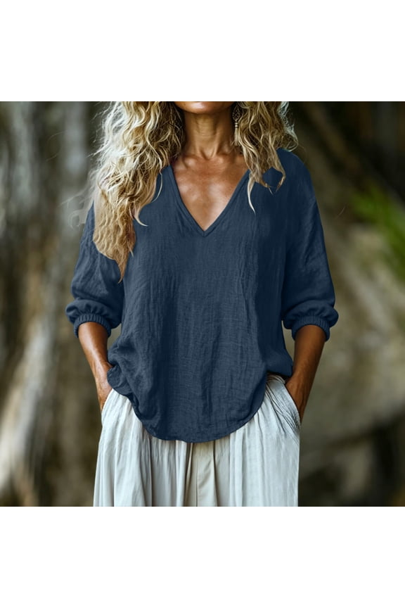 V Neck Casual Blouses for Women 3/4 Puff Sleeve Cotton Linen Texture Shirts Loose Fit Lightweight Tunic Tops Boho Flowy Fall Clothes for Everyday Wear Navy L